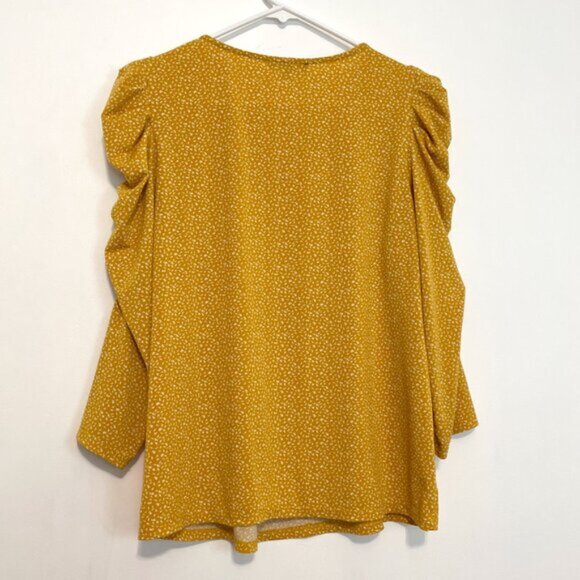 ADRIANNA PAPELL Caterpillar Sleeve 3/4 Sleeve Top Mustard Golden Yellow Printed - Picture 10 of 14